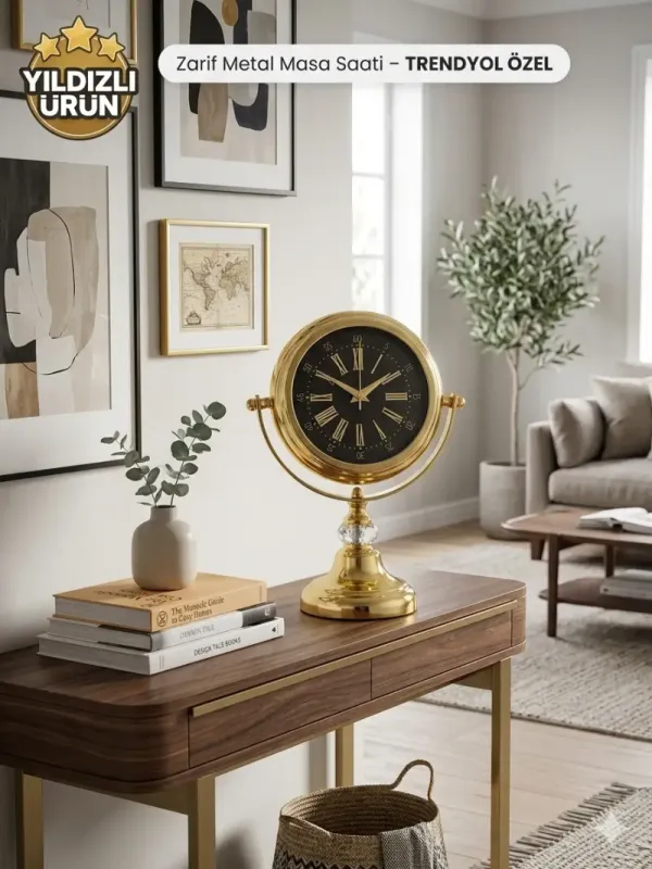 Gold Metal Masa Saati – Şık Tasarım Nostaljik Ofis ve Ev Aksesuarı - 32x23 cm