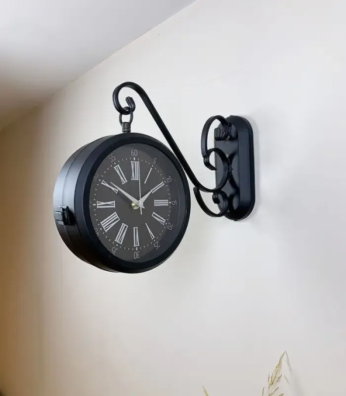 Toptan Çift Taraflı Siyah İstasyon Duvar Saati - 36x25 cm