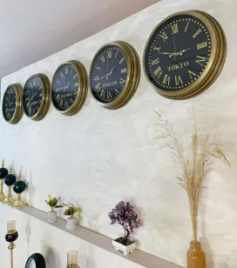 40 cm Eskitme Metal 5 li Set Otel Dünya Saatleri Duvar Saati