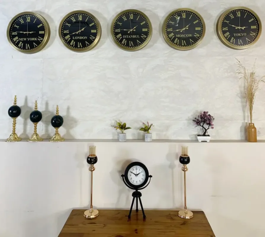 36 cm Eskitme Metal 5 li Set Otel Dünya Saatleri Duvar Saati