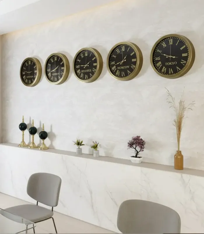 36 cm Eskitme Metal 5 li Set Otel Dünya Saatleri Duvar Saati