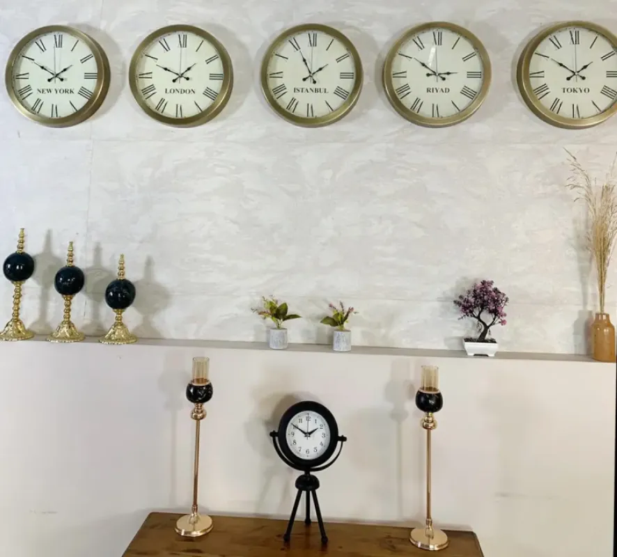 Dünya Saatleri Duvar Saati 36 cm Eskitme Metal 5’li Seti