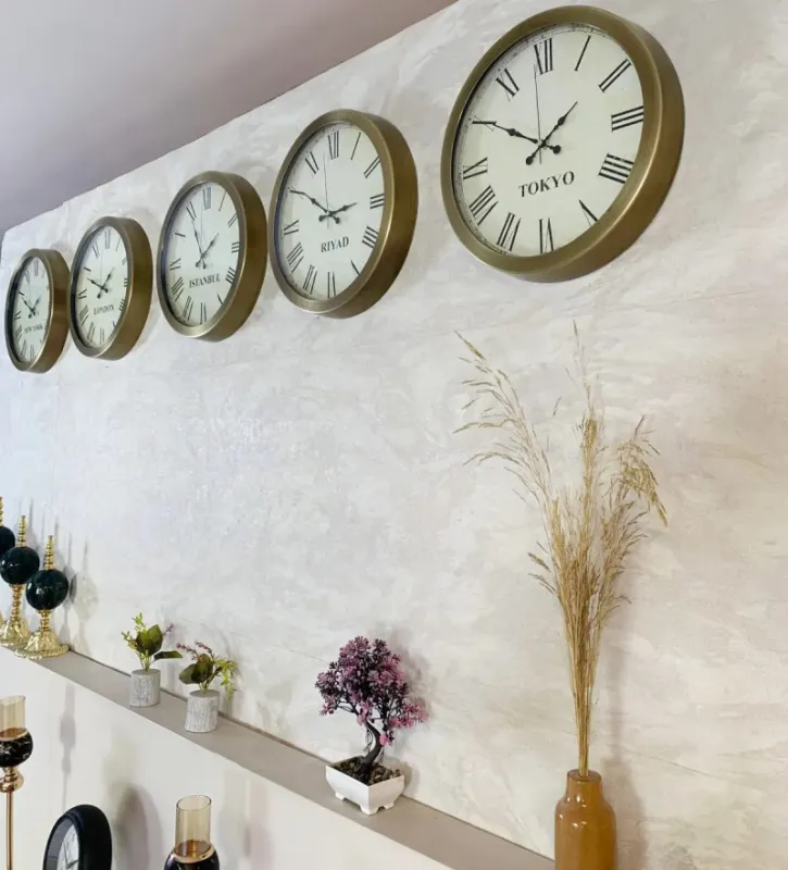 Dünya Saatleri Duvar Saati 36 cm Eskitme Metal 5’li Seti