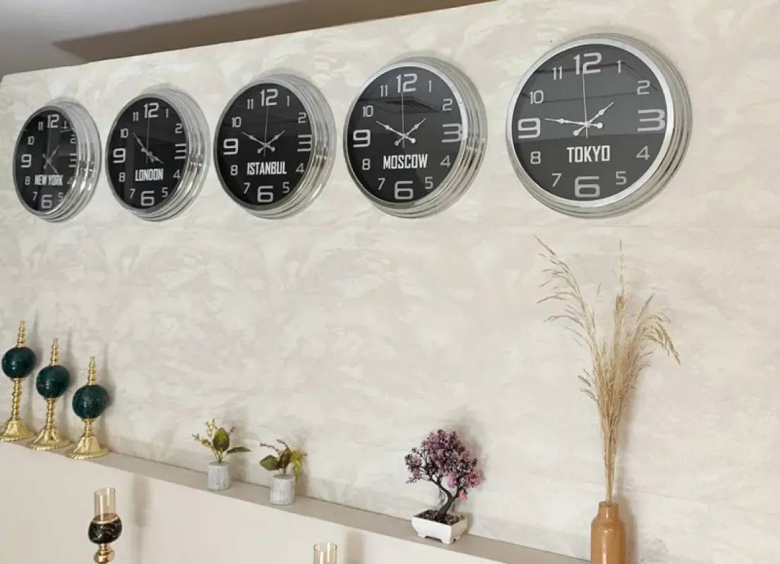 Dünya Saatleri Duvar Saati 40 cm Krom Metal 5’li Seti