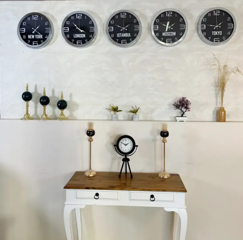 Dünya Saatleri Duvar Saati 36 cm Krom Metal 5’li Seti