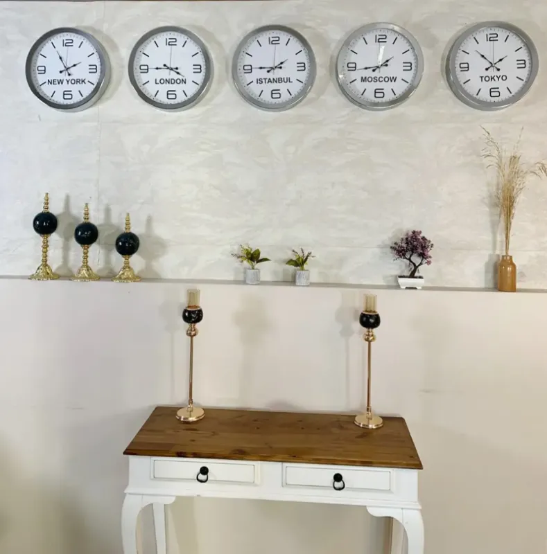 Ülke Başkentleri Duvar Saati 36 cm Krom Metal 5’li Seti